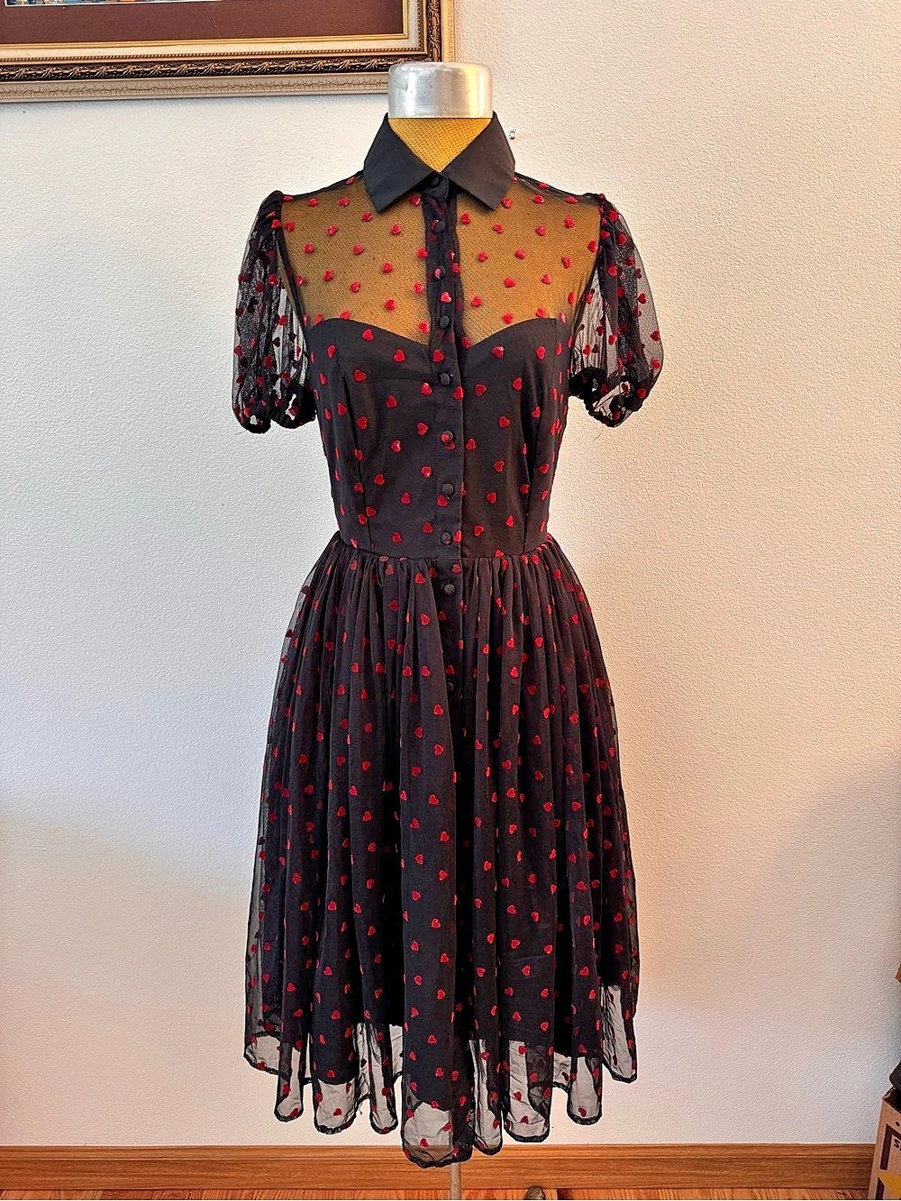 The Vintage Shop Black Red Heart Mesh Dress Size S/4 Retro Romantic